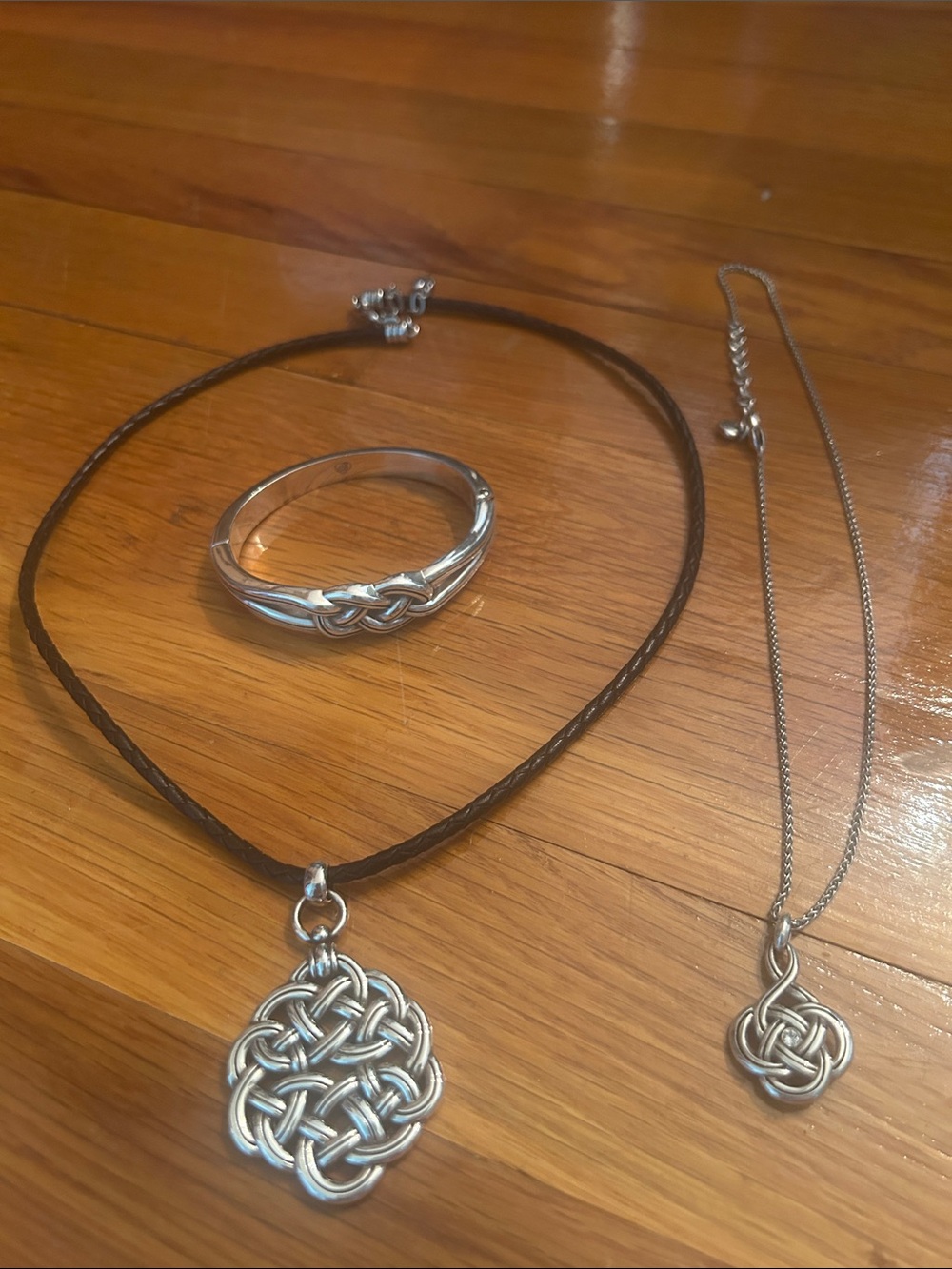 Brighton Silver-Tone Celtic Knot Necklace Set with Brown Cord
